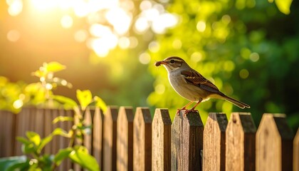 Sparrow perched on a garden fence in sunlight