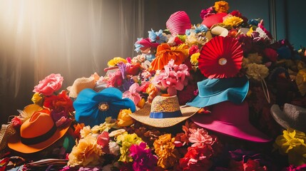 A vibrant display of hats and flowers creating a visually stunning scene