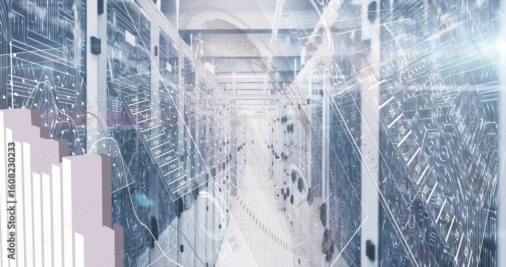 Poster circuit-board art fading initiating server rack aisle animating moving data nodes chart overlays