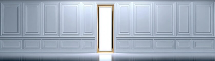 A minimalist interior scene featuring a stylish doorway framed in gold against elegant, paneled blue walls, ideal for concepts related to opportunity, transitions, or design inspiration,