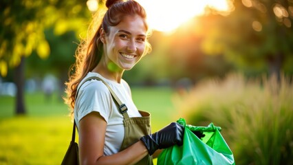 Naklejka premium Woman volunteer collecting trash in park