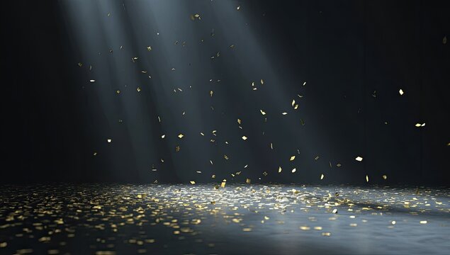 Golden confetti falling on dark floor under spotlight - Powered by Adobe