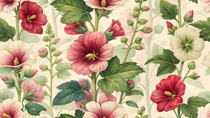 Seamless pattern illustration of colorful Hollyhock flowers. High resolution. Designed for printing on fabric or wallpaper.