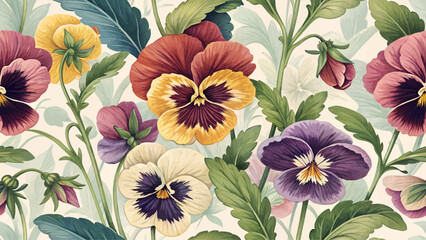 Seamless pattern illustration of colorful Pansy flowers. High resolution. Designed for printing on fabric or wallpaper.