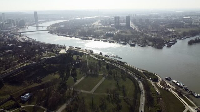 Kalemegdan Fortress and confluence of Sava and Danube rivers in Belgrade on a sunny day. c.