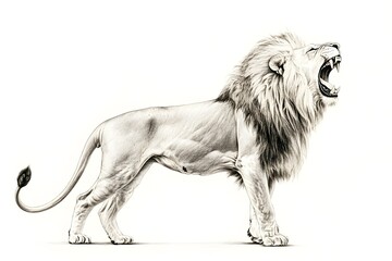 Pencil drawing of angry and fierce lion from side view, white background