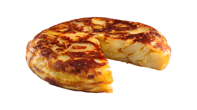 Spanish omelette, tortilla de patata, a traditional Tapas from Spain with potatoes isolated on a white background