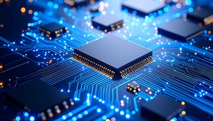 A person's hands typing on a laptop keyboard, with a screen displaying glowing binary code and abstract neon lights in the background.