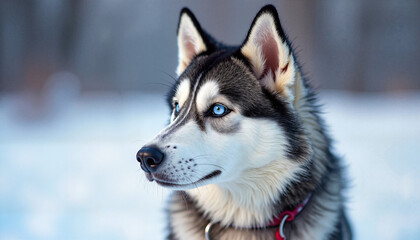 Naklejka premium Siberian Husky looking alert in a snowy landscape 