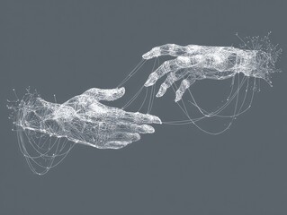 Two hands reaching, connected by digital threads