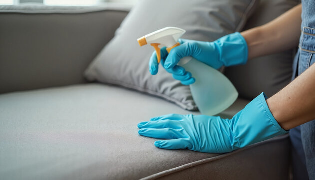 Person cleaning couch with spray bottle and gloves
