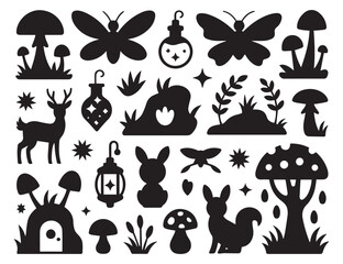 Cute Forest Silhouette Bundle with Animals, Mushrooms, Lanterns, and Magical Elements – Black Vector Icons