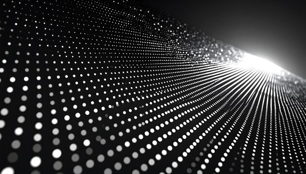 Abstract black and white digital surface with glowing dots converging towards light.