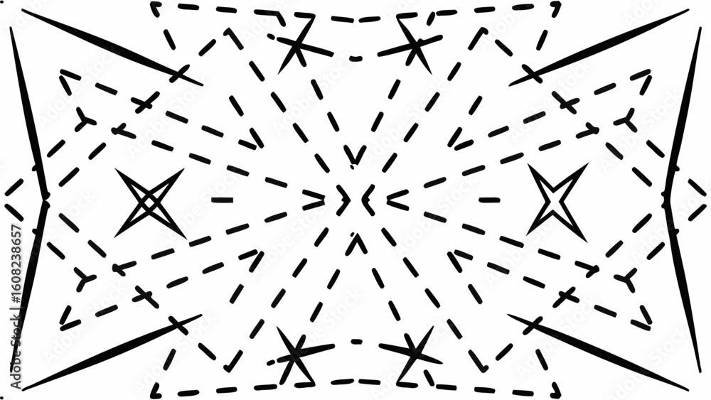 Poster vector symmetrical design featuring stars and dashed lines radiating from the center in a black and 