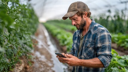 Man in Plaid Shirt and Hat Standing in Lush Green Field Surrounded by Nature and Open Sky