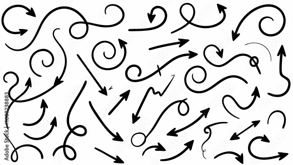Poster vector collection of hand drawn black arrows with various shapes and directions pointing in differen