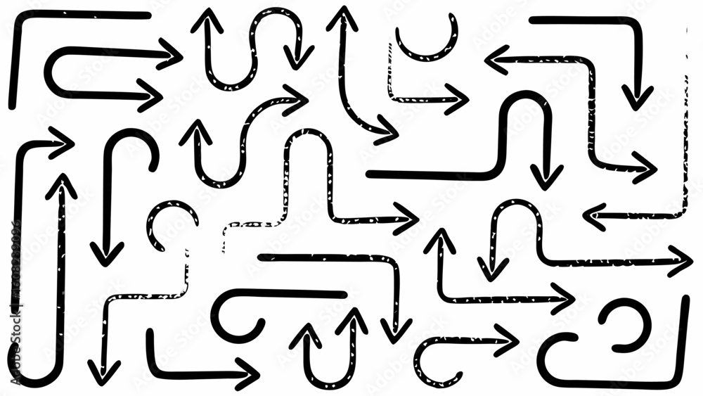 Poster vector collection of hand drawn black arrows pointing in different directions on a white background 