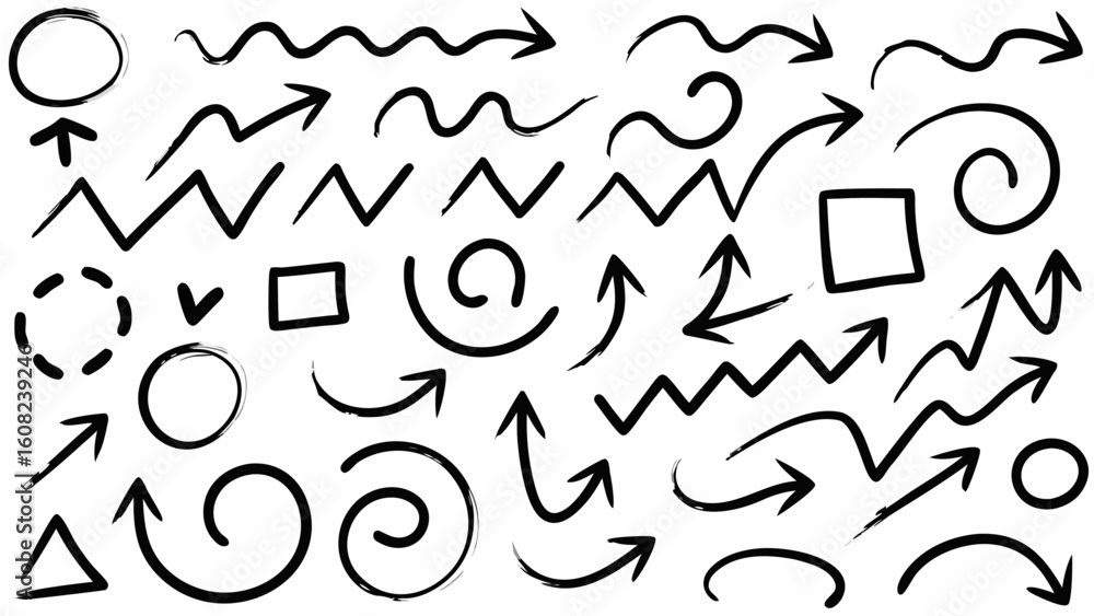 Poster vector collection of various hand drawn black arrows circles and shapes on a white background in doo