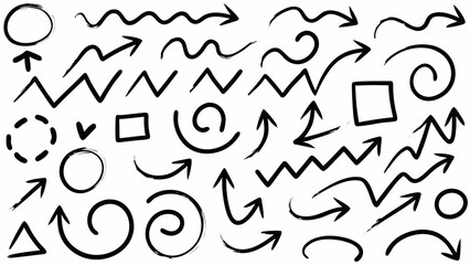 Vector  collection of various hand drawn black arrows circles and shapes on a white background in doodle style