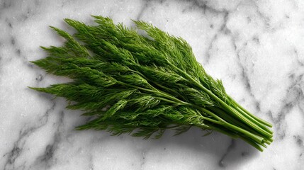 A fresh bunch of green herbs is artfully arranged on a marble surface, showcasing vibrant textures and colors, This image is ideal for culinary, health, or lifestyle content,