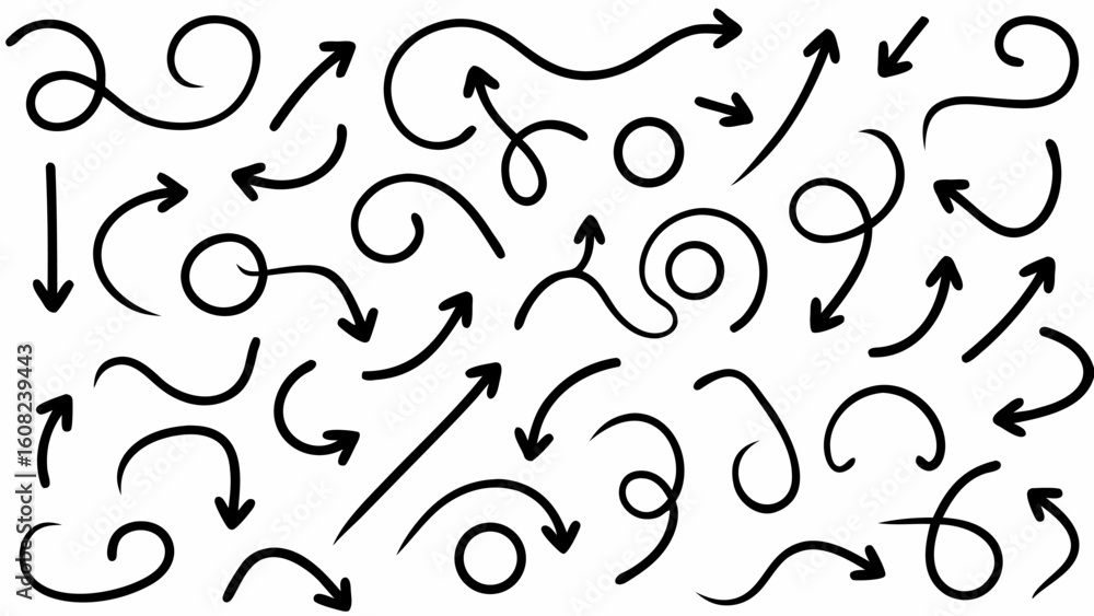 Poster vector collection of hand drawn black arrows with various shapes and styles pointing in different di