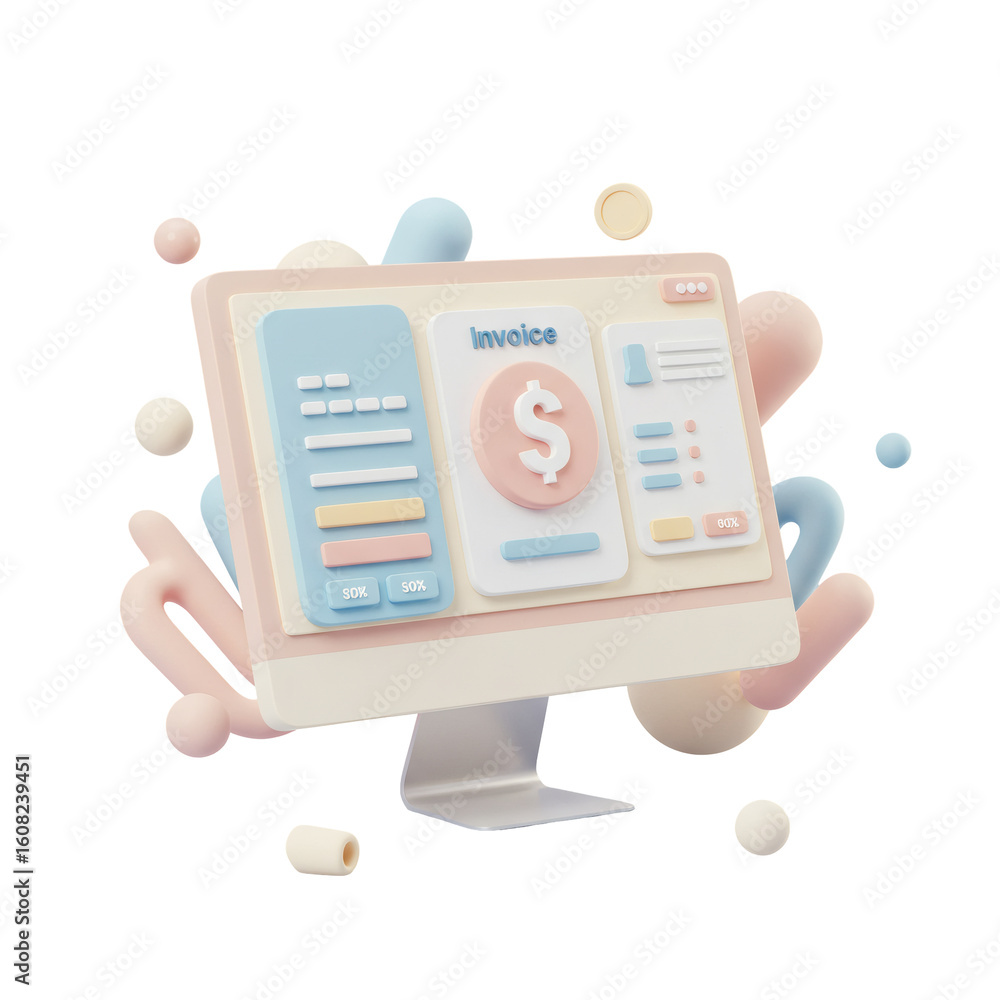 Fototapete a 3d rendered computer screen displaying an invoice interface, surrounded by abstract shapes. isolat