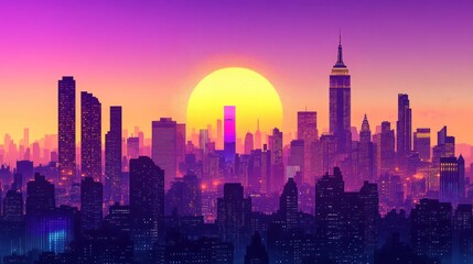 Sunrise over a stylized New York City skyline, vibrant colors