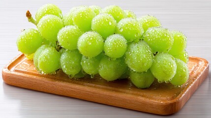 Fresh green grapes with droplets of water rest on a wooden tray, showcasing their juiciness and vibrant color, Ideal for food blogs, health articles, or marketing fresh produce and recipes,