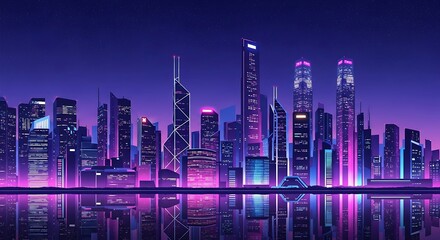 Neon Cityscape at Night with Reflective Water