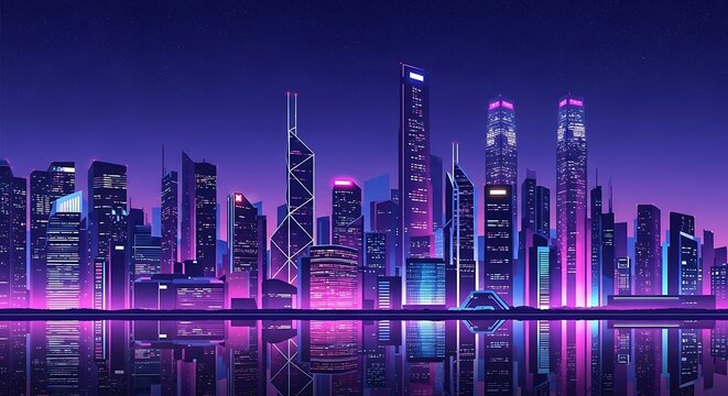 Neon Cityscape at Night with Reflective Water - Powered by Adobe
