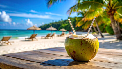 Coconut Drink on Tropical Beach: A refreshing coconut drink rests on a weathered wooden table. The backdrop features sun-drenched sand, gently swaying palm trees, and clear.