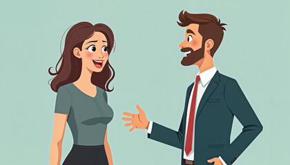 Animated couple engaging in conversation against light background
