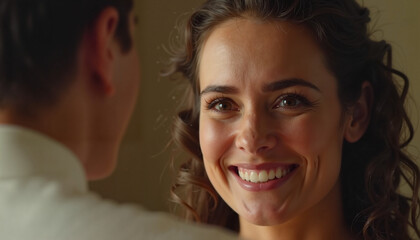 Smiling woman looking at someone with curly hair
