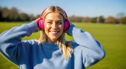 Naklejka premium Smiling young woman with pink headphones enjoying music outdoors on a sunny day