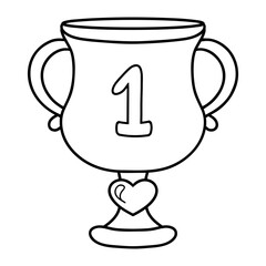 Flat vector icon trophy cup with number one and heart. Hand drawn doodle sketch style, ideal for award-themed projects, certificates, school achievements, sports winners, and kids design.