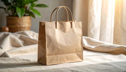 Paper Bag in Elegant Composition: A simple, yet elegant, paper bag stands as a symbol of eco-conscious shopping and everyday convenience, blending seamlessly with a serene environment.