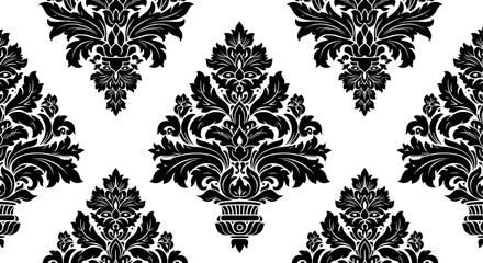 A classic, seamless black and white damask pattern with elegant floral and acanthus leaf motifs.