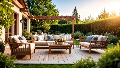 Obraz premium Outdoor patio furniture set under pergola. Rustic elegance