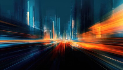 Futuristic city street at night, vibrant light trails