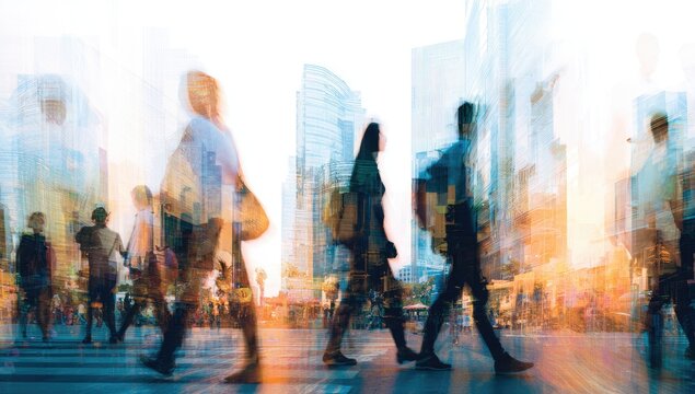 Blurred city street scene with multiple people walking