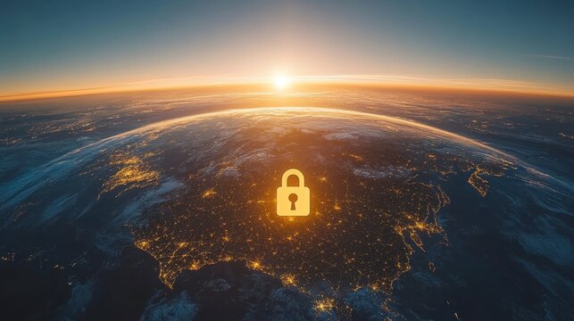 Security Concept Over Earth at Dawn with Lock Symbol Representing Safety