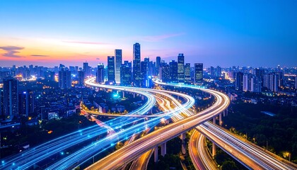 Naklejka premium City skyline at dusk with vibrant light trails on a complex highway interchange.