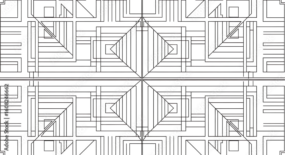 Poster a black and white abstract background with a complex, futuristic geometric pattern of lines and shap