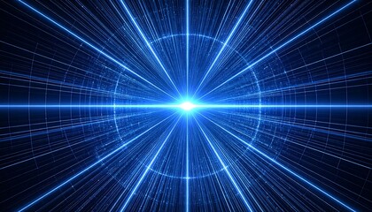 Futuristic blue tunnel or grid with radiating light, symbolizing high-speed data flow.
