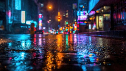 Night city street scene in rain