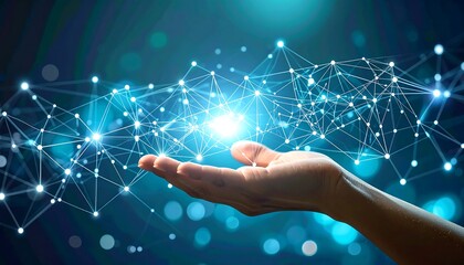 Hand holding glowing digital network, symbolizing global connection, technology, and innovation.