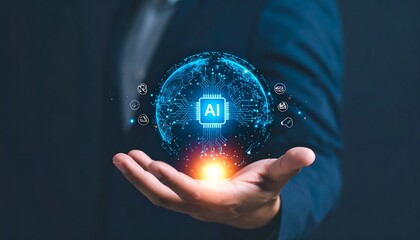 Hand holds glowing AI chip in digital globe, surrounded by tech icons.