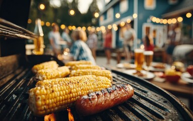 Delicious corn on the cob and hot dogs grilling on barbecue, with friends enjoying drinks in the blurred background during a summer party