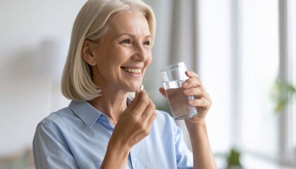Mature Woman Taking Medicine with Water