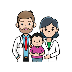 Cartoon Doctor Couple with Baby – Pediatric Healthcare Illustration